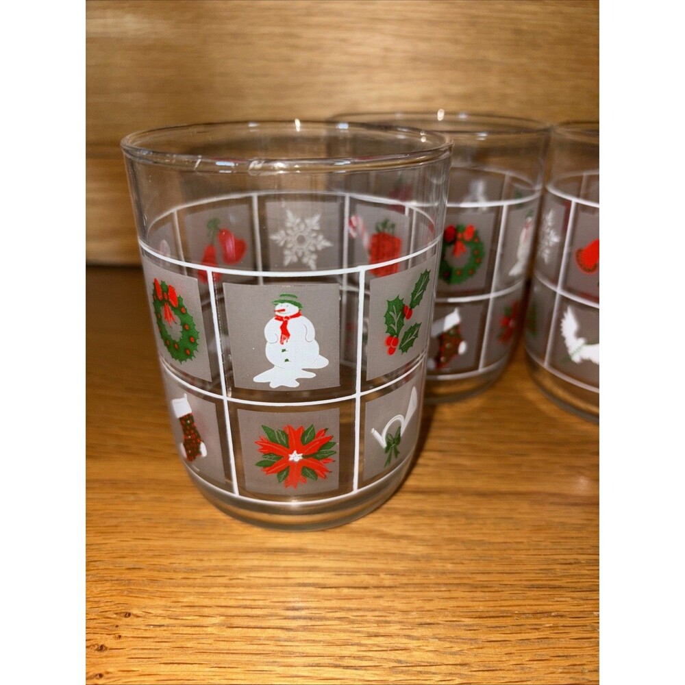 Vintage Libby Christmas Glasses Frosted Panel Low Ball 4" Whiskey Eggnog Set - Picture 4 of 5
